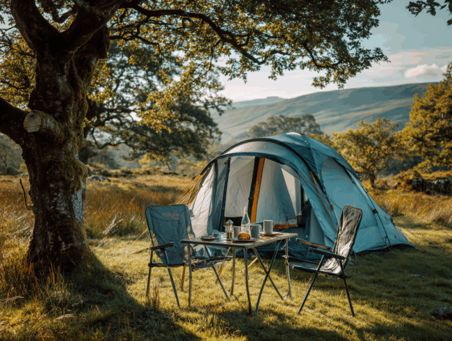 Eine friedliche Campingszene mit einem blauen Zelt, das auf einer Wiese in der Nähe eines Baumes aufgebaut ist. Auf einem Klapptisch und zwei Stühlen stehen Teller, Tassen, Obst und eine Kaffeekanne. Hügel und Bäume erstrecken sich in der Ferne unter einem klaren Himmel.