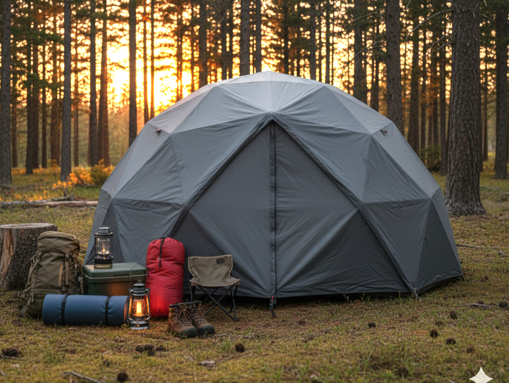 Ein graues Kuppelzelt ist bei Sonnenuntergang in einem Wald aufgebaut. Davor liegen Campingausrüstung wie Rucksäcke, ein Schlafsack, Laternen, ein Stuhl, Stiefel und eine zusammengerollte Campingmatratze. Das Sonnenlicht fällt sanft durch die Bäume.