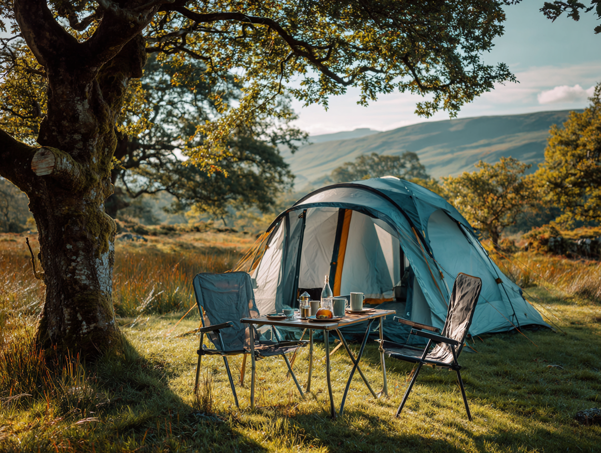 Eine friedliche Campingszene mit einem blauen Zelt, das auf einer Wiese in der Nähe eines Baumes aufgebaut ist. Auf einem Klapptisch und zwei Stühlen stehen Teller, Tassen, Obst und eine Kaffeekanne. Hügel und Bäume erstrecken sich in der Ferne unter einem klaren Himmel.