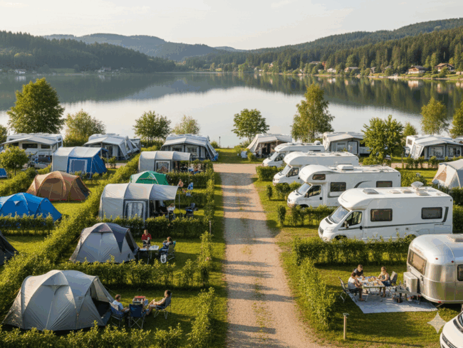 Ein Campingplatz an einem ruhigen See mit Reihen von Zelten, Wohnmobilen und Wohnanhängern. Die Menschen entspannen sich an Picknicktischen und Stühlen. Bäume und bewaldete Hügel umgeben das Gebiet, und auf der anderen Seite des Wassers sind Häuser zu sehen.