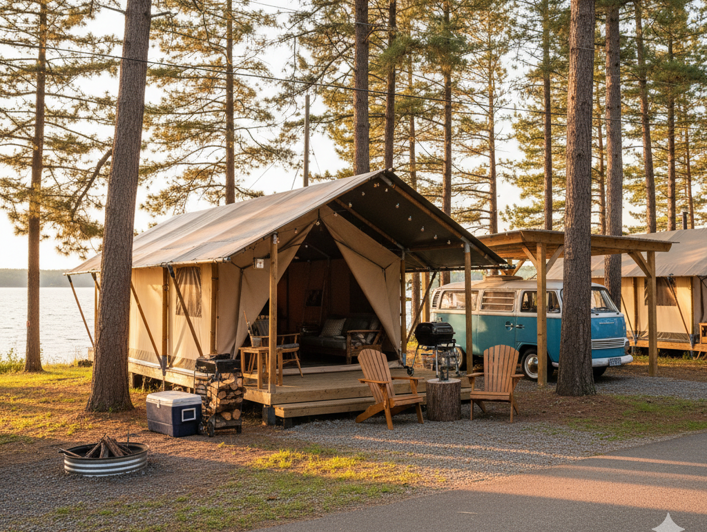 Ein Zelt aus Segeltuch mit einem Holzdeck steht zwischen hohen Kiefern in der Nähe eines Seeufers. Adirondack-Stühle und eine Feuerstelle laden zum Entspannen ein, während ein blauer Oldtimer-Van in der Nähe für Charme sorgt - alles in warmes, goldenes Sonnenlicht getaucht.