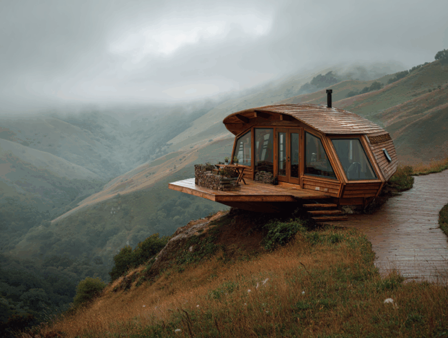 Eine moderne Holzhütte mit großen Fenstern liegt am Rande eines grasbewachsenen Hügels, ideal für Campingfreunde, die Komfort suchen, also perfekt für Glamping Mit Blick auf die nebelverhangenen grünen Berge und den wolkenverhangenen Himmel lädt die gemütliche Hütte zum Entspannen inmitten der nebligen Landschaft ein.