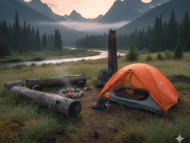Das orangefarbene Zelt und die Campingausrüstung sind neben einem Lagerfeuerplatz und Holzscheiten auf einer Waldlichtung neben einem Fluss aufgebaut - perfekt für Wildcampen, mit Bergen und einem nebligen Sonnenaufgang im Hintergrund.