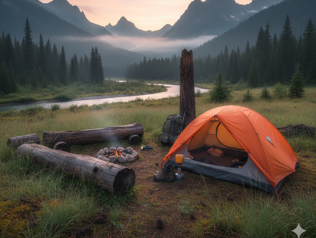 Das orangefarbene Zelt und die Campingausrüstung sind neben einem Lagerfeuerplatz und Holzscheiten auf einer Waldlichtung neben einem Fluss aufgebaut - perfekt für Wildcampen, mit Bergen und einem nebligen Sonnenaufgang im Hintergrund.