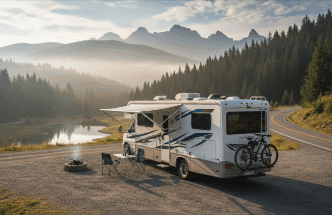 Ein weißer Wohnwagen mit zwei Fahrrädern auf der Rückbank ist an einer kurvenreichen Straße in der Nähe eines Teiches geparkt, in der Nähe sind Campingstühle und ein Lagerfeuer aufgebaut. Im Hintergrund erheben sich Kiefern und neblige Berge unter einem wolkenverhangenen Himmel.