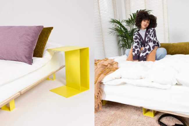 Geteiltes Bild: Die linke Seite zeigt ein modernes Bett mit weißem Bettzeug, bunten Kissen und einem leuchtend gelben Beistelltisch. Die rechte Seite zeigt eine Frau, die in einem gemütlichen Zimmer mit Pflanzen und großen Fenstern auf dem Bett sitzt.