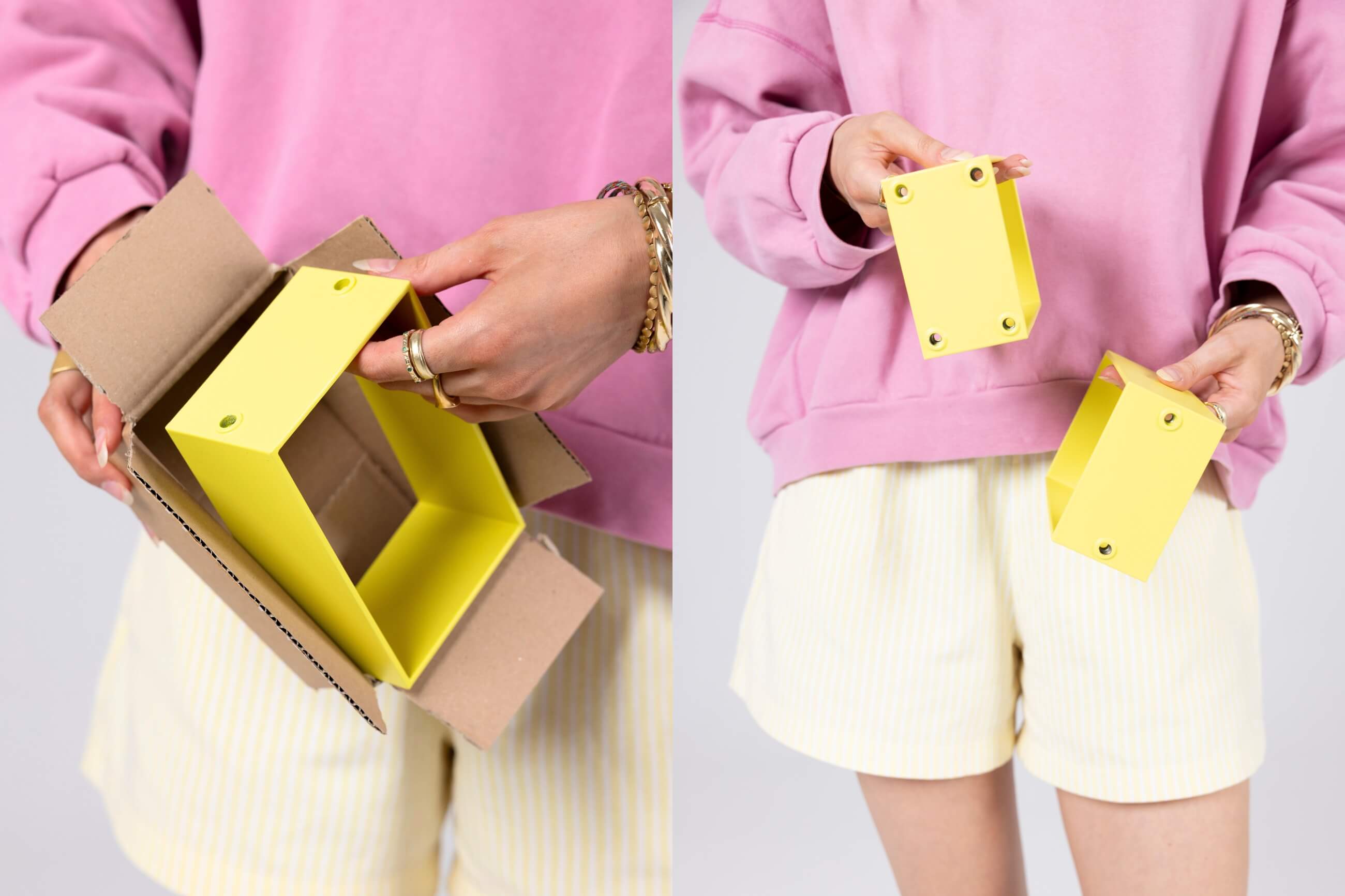 Zwei Fotos nebeneinander: Eine Person in einem rosafarbenen Sweatshirt und gelb gestreiften Shorts hält einen gelben rechteckigen Gegenstand in der Hand, den sie zunächst aus einer Schachtel nimmt und dann in zwei Teile zerlegt zeigt.