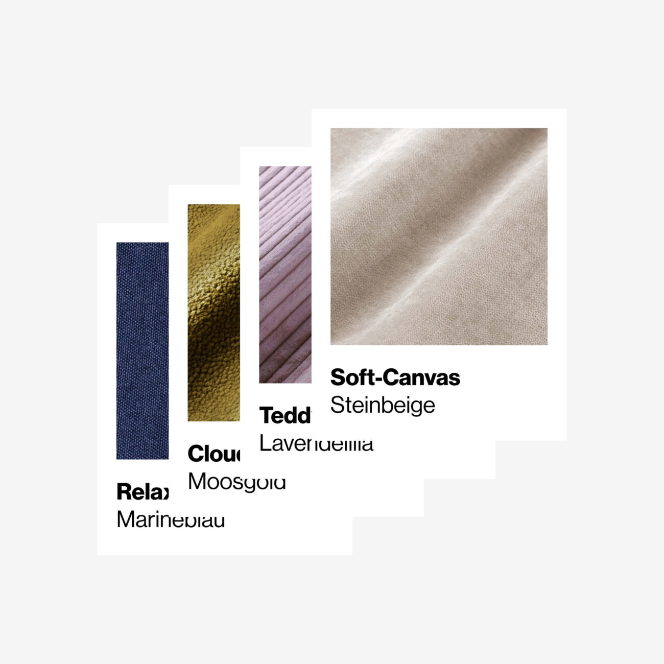 Vier Stoffmuster überlappen sich, jedes mit Material und Farbe beschriftet: Soft-Canvas in Beige, Teddy in Lavendel, Cloud in Moosgold und Relax in Marineblau. Jedes Muster zeigt eine Nahaufnahme der Stofftextur.