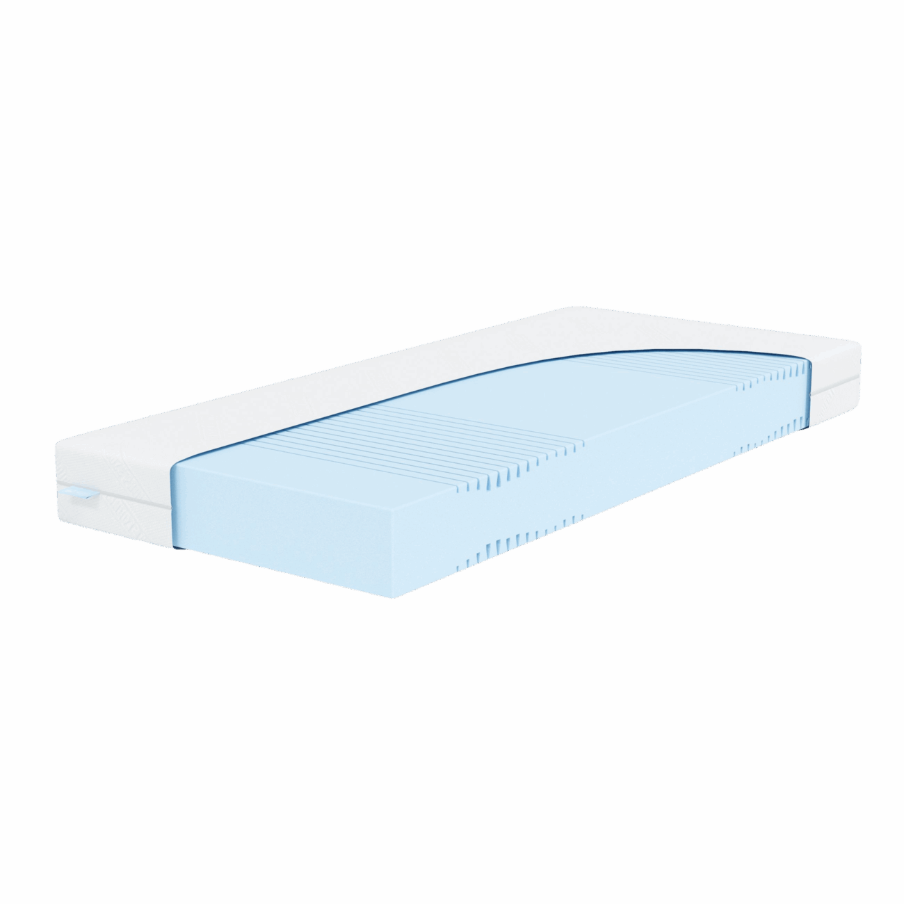 Eine rechteckige, hellblaue Matratze mit einem weißen Bezug, der teilweise entfernt wurde, um das Innere des Schaumstoffs zu enthüllen, das mit Rillen und Konturen für Halt und Komfort sorgt.