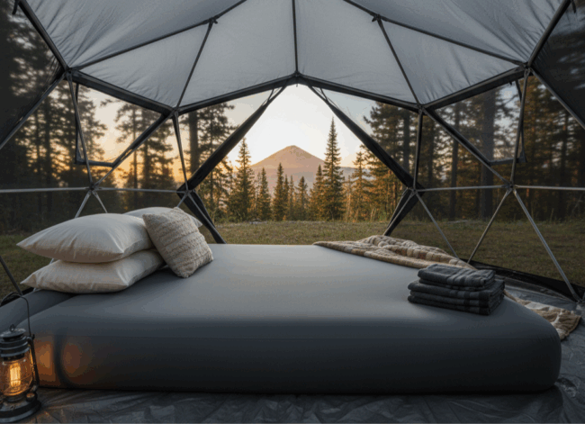 Eine gemütliche Camping matratze mit Kissen und gefalteten Decken liegt in einem geodätischen Kuppelzelt mit Blick auf eine malerische Aussicht auf Kiefern und einen fernen Berg bei Sonnenaufgang. Eine Laterne liegt neben der Matratze auf dem Boden.