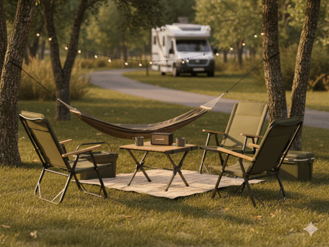 Ein gemütlicher Campingplatz mit vier grünen Stühlen, einer Hängematte, einem kleinen Tisch mit Lautsprecher und Kühlboxen im Gras unter Bäumen. Lichterketten hängen zwischen den Bäumen, und ein Wohnmobil mit gemütlichen Betten im Camper ist im Hintergrund auf einer asphaltierten Straße geparkt.