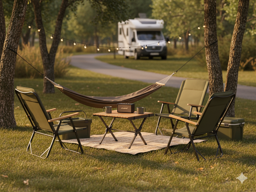 Ein gemütlicher Campingplatz mit vier grünen Stühlen, einer Hängematte, einem kleinen Tisch mit Lautsprecher und Kühlboxen im Gras unter Bäumen. Lichterketten hängen zwischen den Bäumen, und ein Wohnmobil mit gemütlichen Betten im Camper ist im Hintergrund auf einer asphaltierten Straße geparkt.