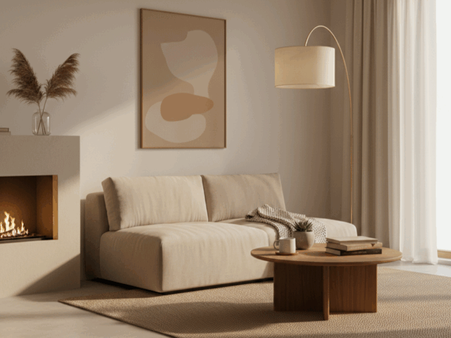 Ein modernes Wohnzimmer mit einem beigen Sofa, einem runden Couchtisch aus Holz, einer kuscheligen Decke, einem beleuchteten Kamin - perfekt, um nach der Feuchtigkeit beim Campen zu entspannen -, einer abstrakten Wandmalerei, einer Stehlampe und einer neutralen Einrichtung in warmen Naturtönen.