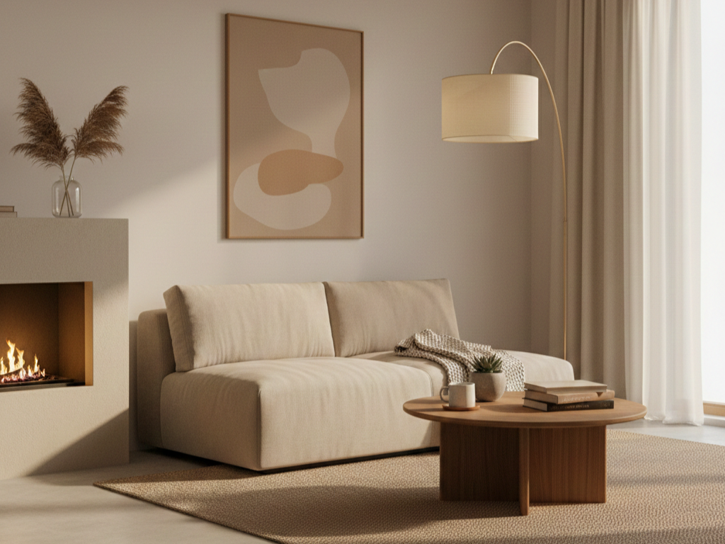 Ein modernes Wohnzimmer mit einem beigen Sofa, einem runden Couchtisch aus Holz, einer kuscheligen Decke, einem beleuchteten Kamin - perfekt, um nach der Feuchtigkeit beim Campen zu entspannen -, einer abstrakten Wandmalerei, einer Stehlampe und einer neutralen Einrichtung in warmen Naturtönen.