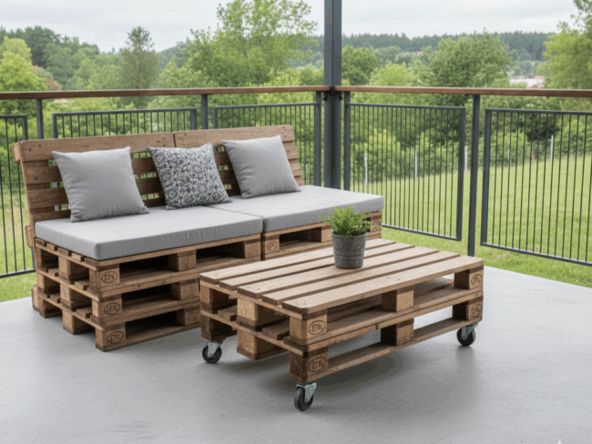 Terrasse im Freien mit einem gemütlichen DIY-Palettensofa und einem Tisch aus Holzpaletten, die mit grauen Kissen bedeckt sind; eine kleine Topfpflanze steht auf dem Tisch, umgeben von grünen Bäumen und Gras im Hintergrund.