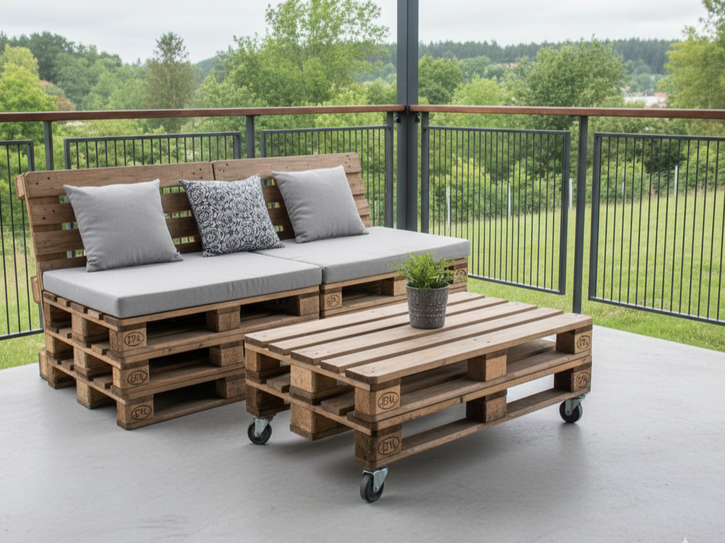 Terrasse im Freien mit einem gemütlichen DIY-Palettensofa und einem Tisch aus Holzpaletten, die mit grauen Kissen bedeckt sind; eine kleine Topfpflanze steht auf dem Tisch, umgeben von grünen Bäumen und Gras im Hintergrund.