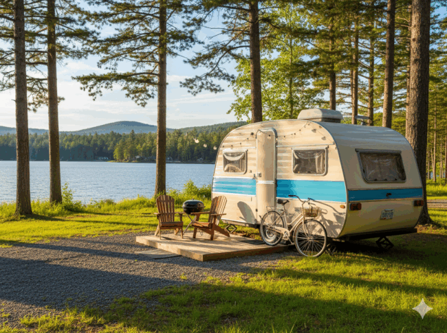 Ein alter Wohnwagen mit blauen Streifen steht an einem See, umgeben von hohen Kiefern. Zwei Holzstühle, ein kleiner Grill und ein Fahrrad stehen auf einer Matte neben dem Wohnwagen. Das Sonnenlicht unterstreicht die friedliche, malerische Umgebung.