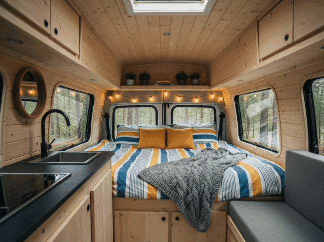 Das gemütliche Wohnmobil verfügt über ein geräumiges Bett im Camper mit gestreifter Bettwäsche, zwei senfgelben Kissen und einer Strickdecke. Holzschränke, eine kleine Küchenzeile und Lichterketten schaffen eine warme, einladende Atmosphäre mit Blick auf den Wald draußen.
