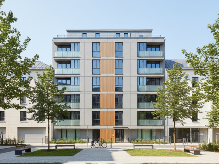 Ein modernes, vom Bauhaus inspiriertes Wohnhaus mit Balkonen, großen Fenstern und vertikalen Holzpaneelen steht zwischen Bäumen, Bänken und einem Fahrrad auf einem gepflasterten Platz unter strahlend blauem Himmel.