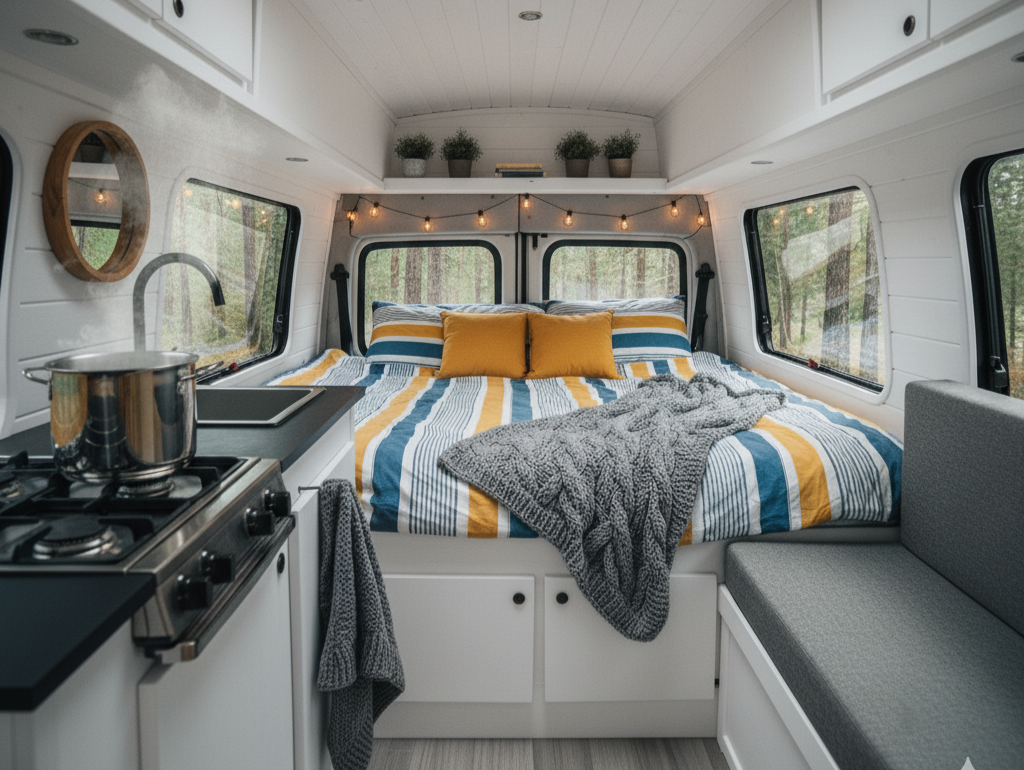Ein gemütliches Wohnmobil-Interieur mit Campingmöbeln, einem gemachten Bett mit gestreifter Bettwäsche, einem Herd mit dampfendem Topf, Lichterketten, Pflanzen auf einem Regal und Fenstern, die den Blick auf einen ruhigen Wald freigeben.