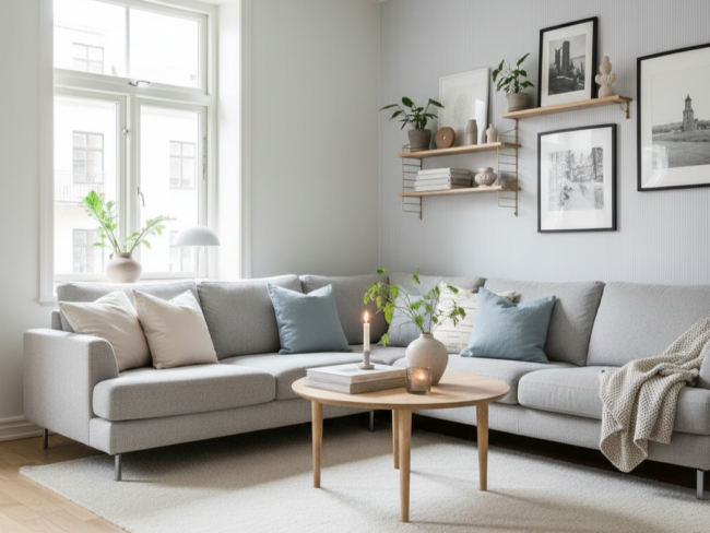 Ein helles Skandi-Wohnzimmer mit einem hellgrauen Sektionssofa, pastellfarbenen Kissen, einem runden Couchtisch aus Holz, Zimmerpflanzen, Kerzen und Wandregalen mit Büchern und gerahmter Schwarz-Weiß-Kunst. Durch ein großes Fenster strömt Sonnenlicht herein.