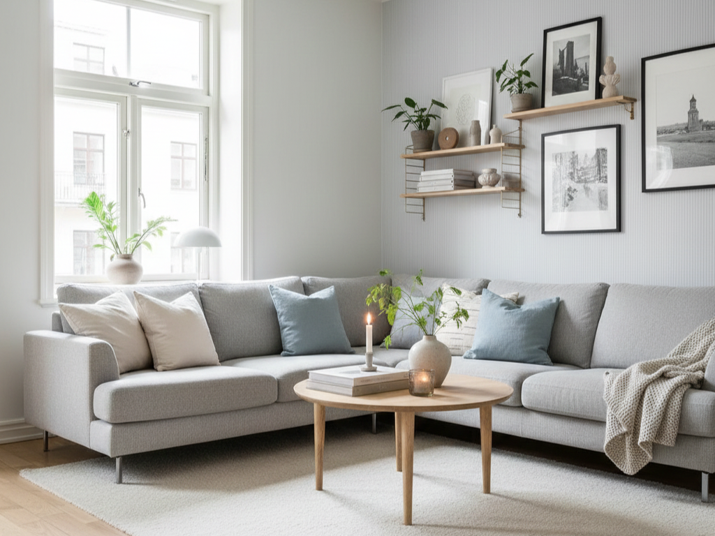 Ein helles Skandi-Wohnzimmer mit einem hellgrauen Sektionssofa, pastellfarbenen Kissen, einem runden Couchtisch aus Holz, Zimmerpflanzen, Kerzen und Wandregalen mit Büchern und gerahmter Schwarz-Weiß-Kunst. Durch ein großes Fenster strömt Sonnenlicht herein.