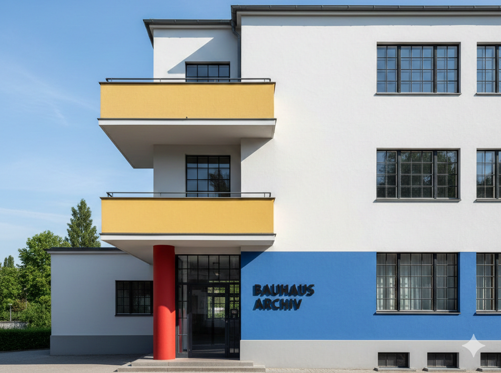 Ein modernistisches Bauhaus-Gebäude mit weißen Wänden, einem blauen Sockel, gelben Balkonen und einer roten Säule, die große Gitterfenster aufweist. Das Schild Bauhaus Archiv ist in der Nähe des Eingangs zu sehen.