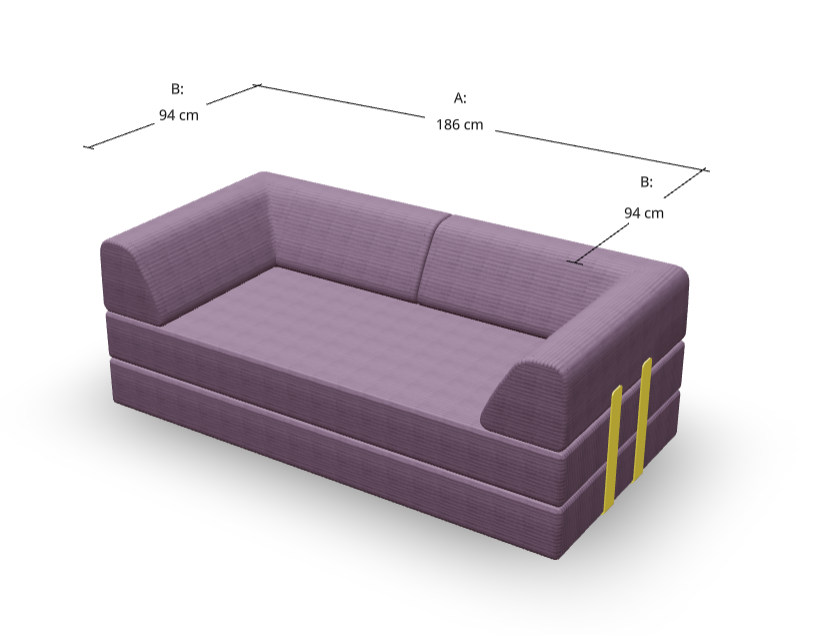 Ein lila rechteckiges Sofa nach Maß mit Armlehnen auf beiden Seiten. Die Maße sind angegeben: 186 cm für die Länge (A) und 94 cm für die Breite (B) auf beiden Seiten. Perfekt für Ihre Kategorieseite und individuelles Wohndesign.