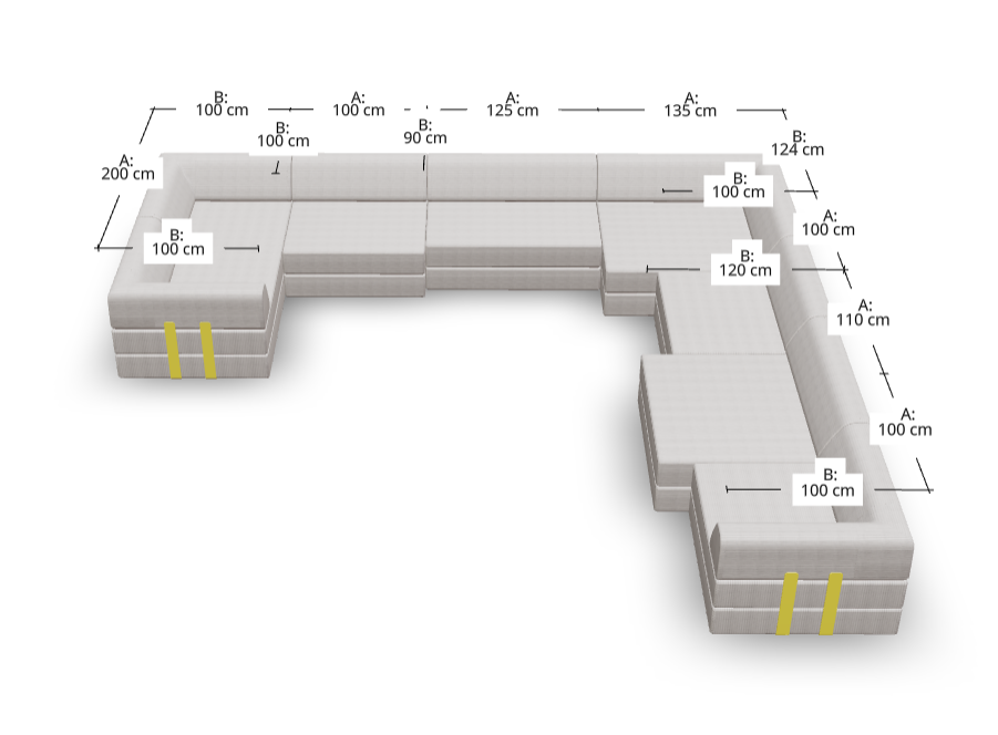 L-förmiges graues Sektionssofa nach Maß mit beschrifteten Maßen für jedes Segment, mit Längen und Breiten von 90 cm bis 200 cm. Gelbe Streifen sind an den vorderen Ecken jedes Endteils sichtbar, perfekt für jede Kategorieseite.