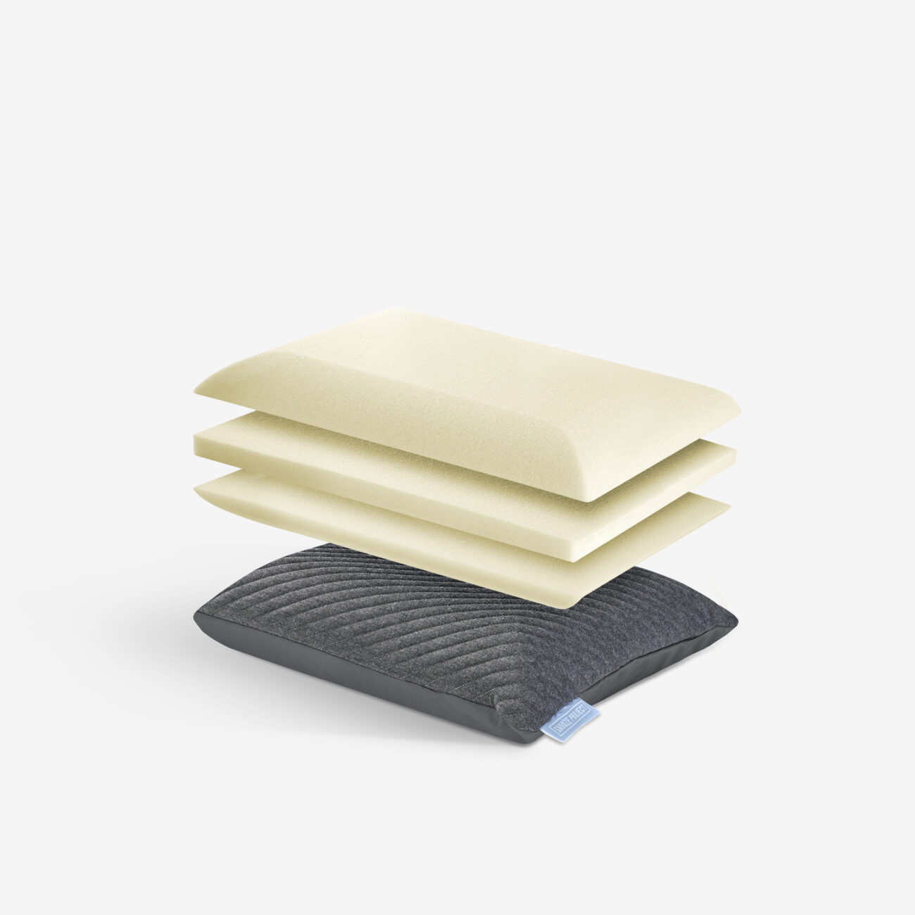 Ein schwarzes strukturiertes Kissen mit einem blauen Etikett ist unter drei Lagen hellgelben Schaumstoffs abgebildet, die darüber gestapelt sind und auf einem schlichten weißen Hintergrund stehen.