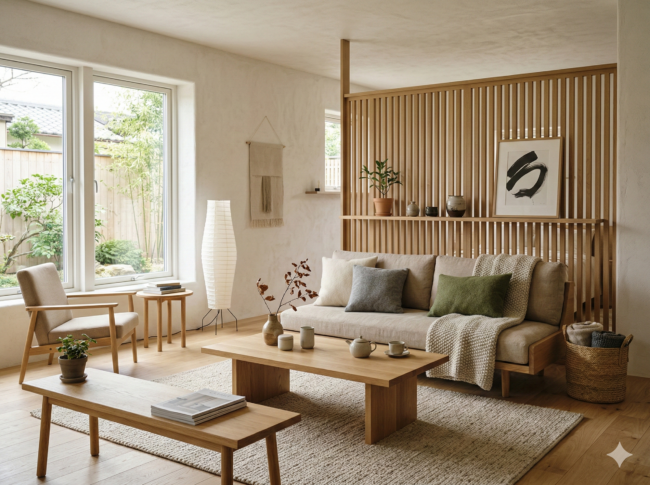 Ein helles, minimalistisches, vom Japandi Stil inspiriertes Wohnzimmer mit hellen Holzmöbeln, einem beigen Sofa mit grünen und grauen Kissen, einem Holzlattenzaun, Topfpflanzen und großen Fenstern. Neutrale Töne und eine schlichte Einrichtung schaffen eine gemütliche Atmosphäre.