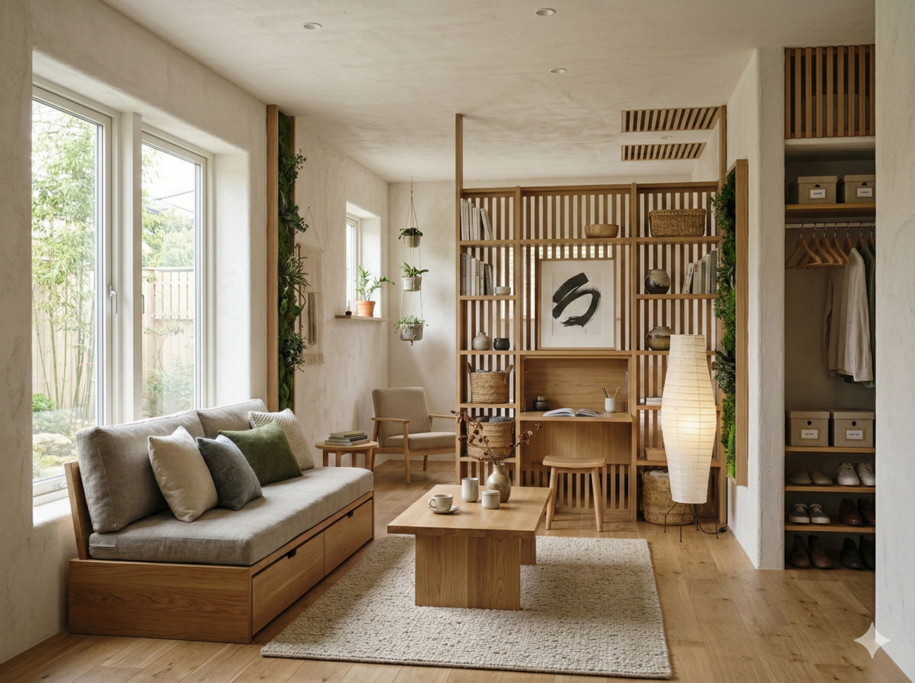 Ein minimalistisches, Wohnzimmer mit hellen Holzmöbeln, neutralem Dekor, einem grau gepolsterten Sofa, einem niedrigen Couchtisch, Regalen mit Pflanzen, einem Schreibtisch und einem offenen Kleiderschrank. Große Fenster füllen den ruhigen Raum mit natürlichem Licht und sorgen für gemütliche Einfachheit.