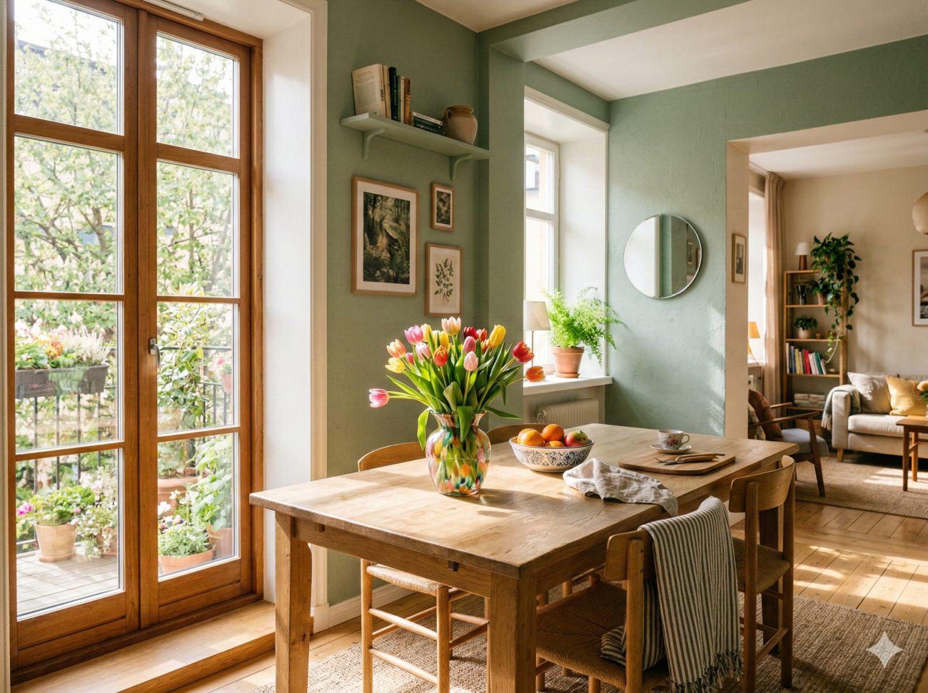 Ein helles Esszimmer mit hellgrünen Wänden, einem Holztisch mit Tulpen, Stühlen und großen Fenstern zum Garten. Der gemütliche angrenzende Wohnbereich ist mit Pflanzen, Regalen und gerahmten Kunstwerken ausgestattet.