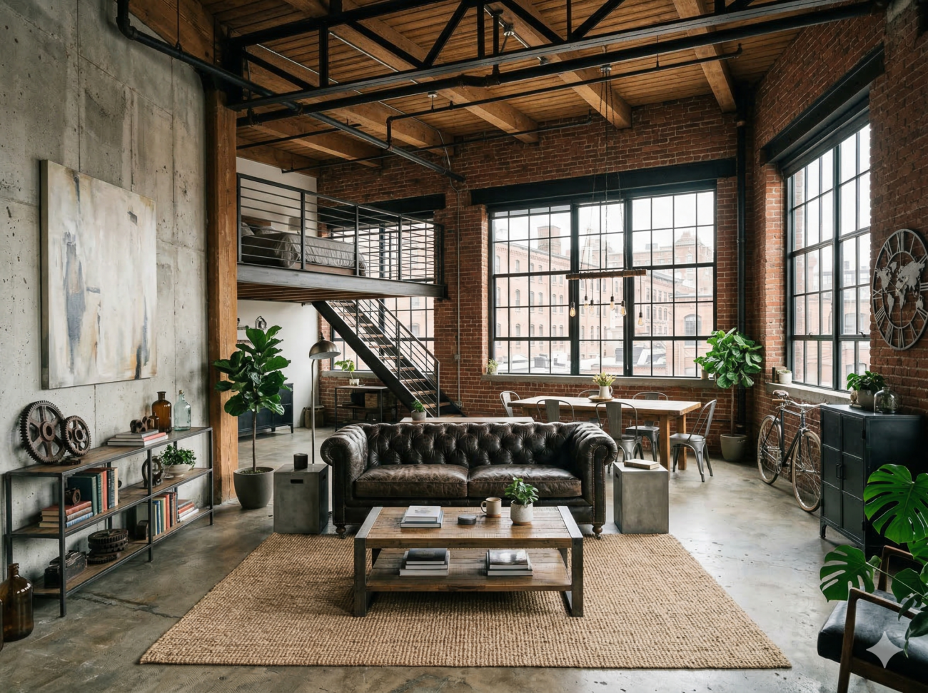 Ein geräumiges Industrieloft mit freiliegenden Ziegelwänden, großen Fenstern, einem Ledersofa, einem hölzernen Couchtisch, einem japanisch inspirierten Essbereich, Zimmerpflanzen, einem Fahrrad und einer Metalltreppe, die in eine obere Etage führt.