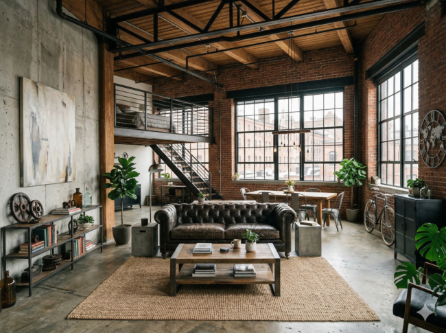Ein geräumiges Industrieloft mit freiliegenden Ziegelwänden, großen Fenstern, einem Ledersofa, einem hölzernen Couchtisch, einem japanisch inspirierten Essbereich, Zimmerpflanzen, einem Fahrrad und einer Metalltreppe, die in eine obere Etage führt.
