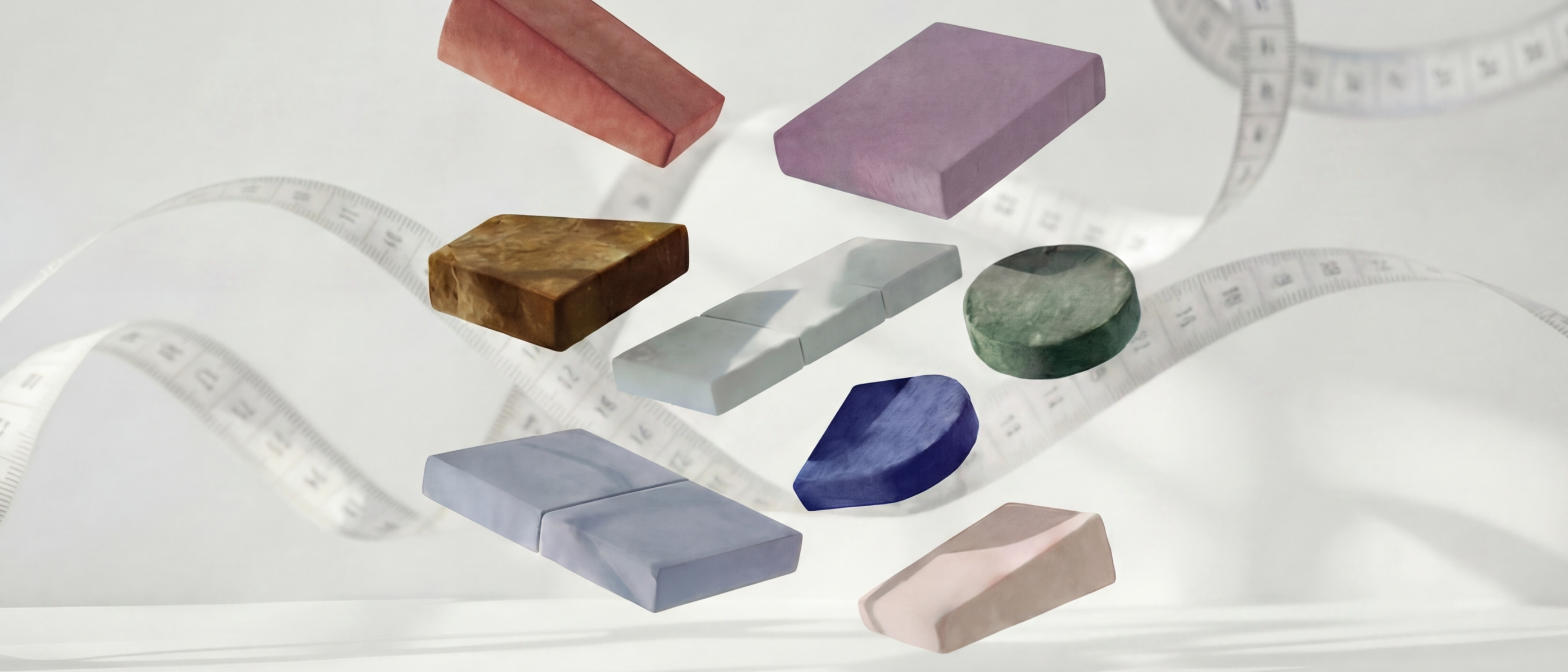 Verschiedene bunte Radiergummis in unterschiedlichen Formen und Größen schweben in der Luft, während sich im Hintergrund ein weißes Maßband vor einem hellen Hintergrund kräuselt.