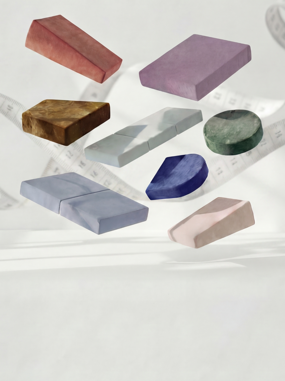 Verschiedene bunte Radiergummis in unterschiedlichen Formen und Größen schweben über einer weißen Fläche, mit einem verschwommenen Maßband im Hintergrund.