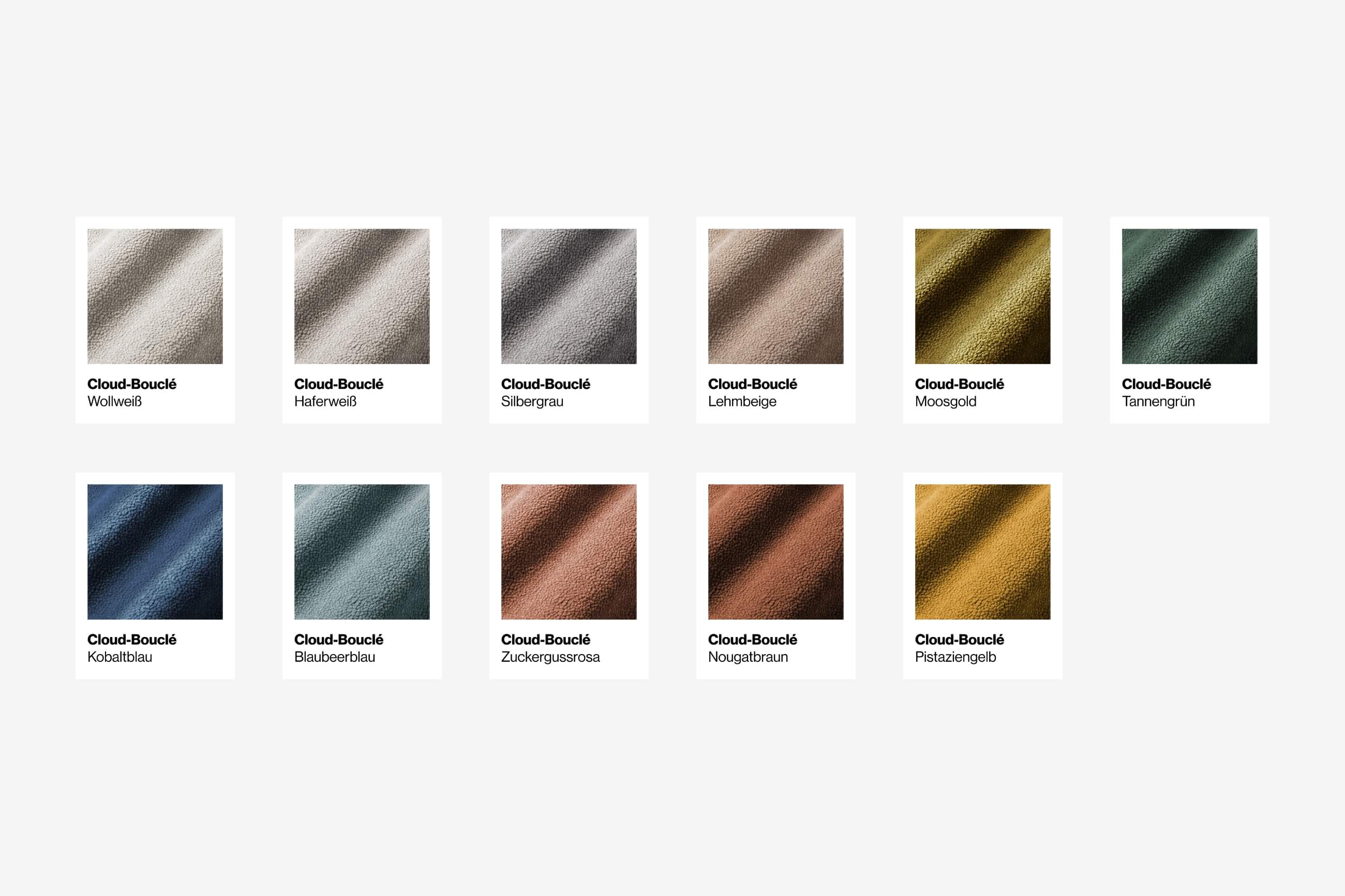 Elf Stoffmuster in zwei Reihen, jedes mit einem Namen beschriftet: Wollweiß, Hellenweiß, Silbergrau, Lehmbeige, Mokkogold, Tannengrün, Koalblau, Zuckersüßrosa, Nougatbraun und Pistaziengelb. Die Farbmuster zeigen eine Reihe von Farben.