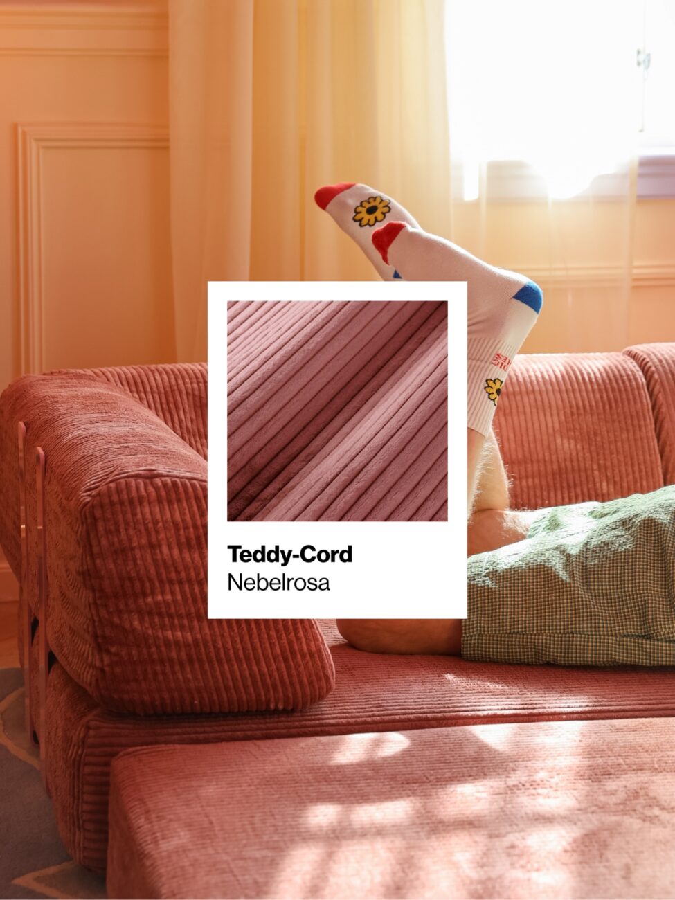 Eine Person, die gemusterte Socken trägt, macht es sich auf einem strukturierten, rosa Cordsofa bequem. Ein Farb- und Stoffmuster mit der Bezeichnung „Teddy-Cord Nebelrosa“ ist über die Sofapolsterung gelegt. Sanftes Sonnenlicht durchflutet den Raum.