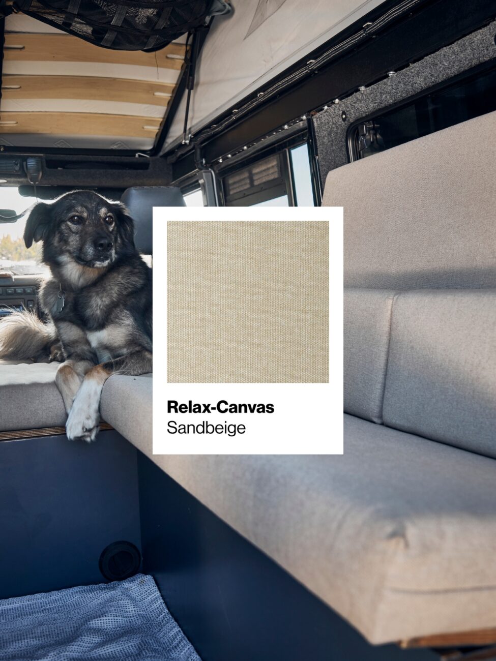 Ein Hund liegt auf einem beigen Polstersofa in einem Wohnmobil. Darüber liegt ein Stoffmuster mit der Aufschrift „Relax-Canvas Sandbeige“, das farblich zum Sofa passt. Sonnenlicht strömt durch das Fenster herein.