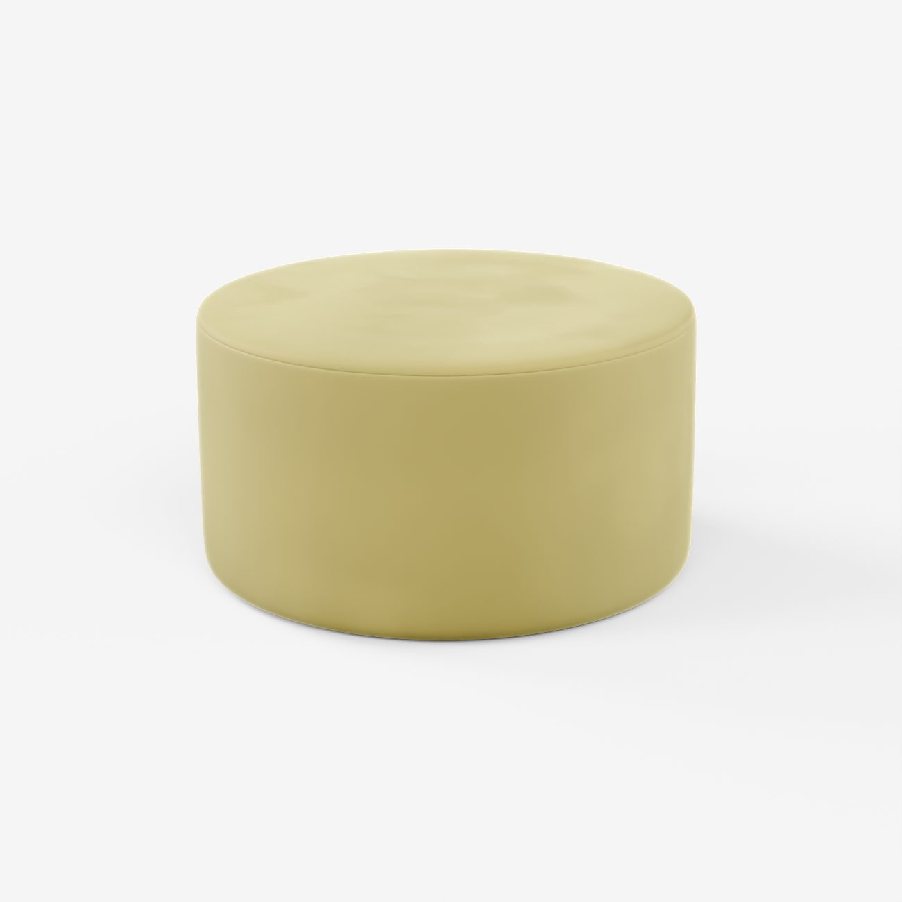 Auf einem schlichten weißen Hintergrund steht eine runde, hellbeige Ottomane mit glatter Oberfläche.