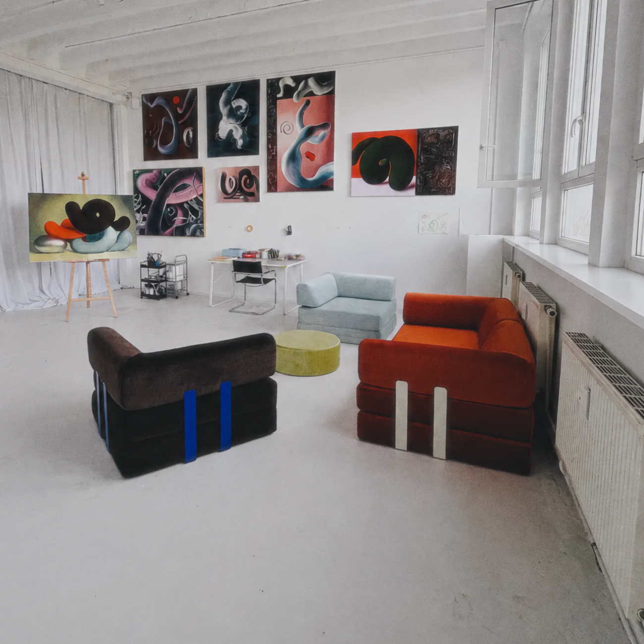 Ein hell beleuchtetes Kunstatelier mit farbenfrohen abstrakten Gemälden an den Wänden, einem Ju Schnee Kissen auf einem blauen Sofa, zwei modernen Sesseln, einer Staffelei und großen Fenstern schafft eine inspirierende Erlebniswelt voller Tageslicht.