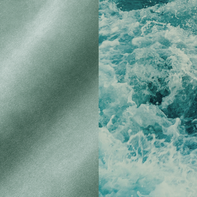 Geteiltes Bild, das links einen glatten, hellgrünen Stoff und rechts aufgewühltes, blaugrünes Wasser zeigt.