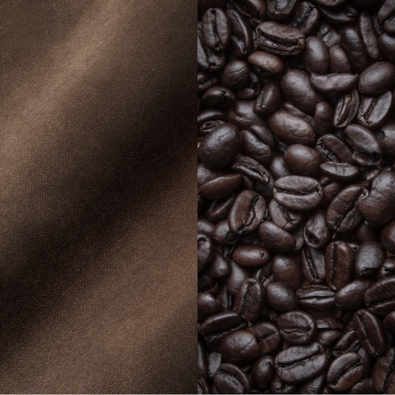 SPMUS_SS_EB Ein geteiltes Bild, das links einen glatten braunen Stoff und rechts einen Haufen dunkel gerösteter Kaffeebohnen zeigt.